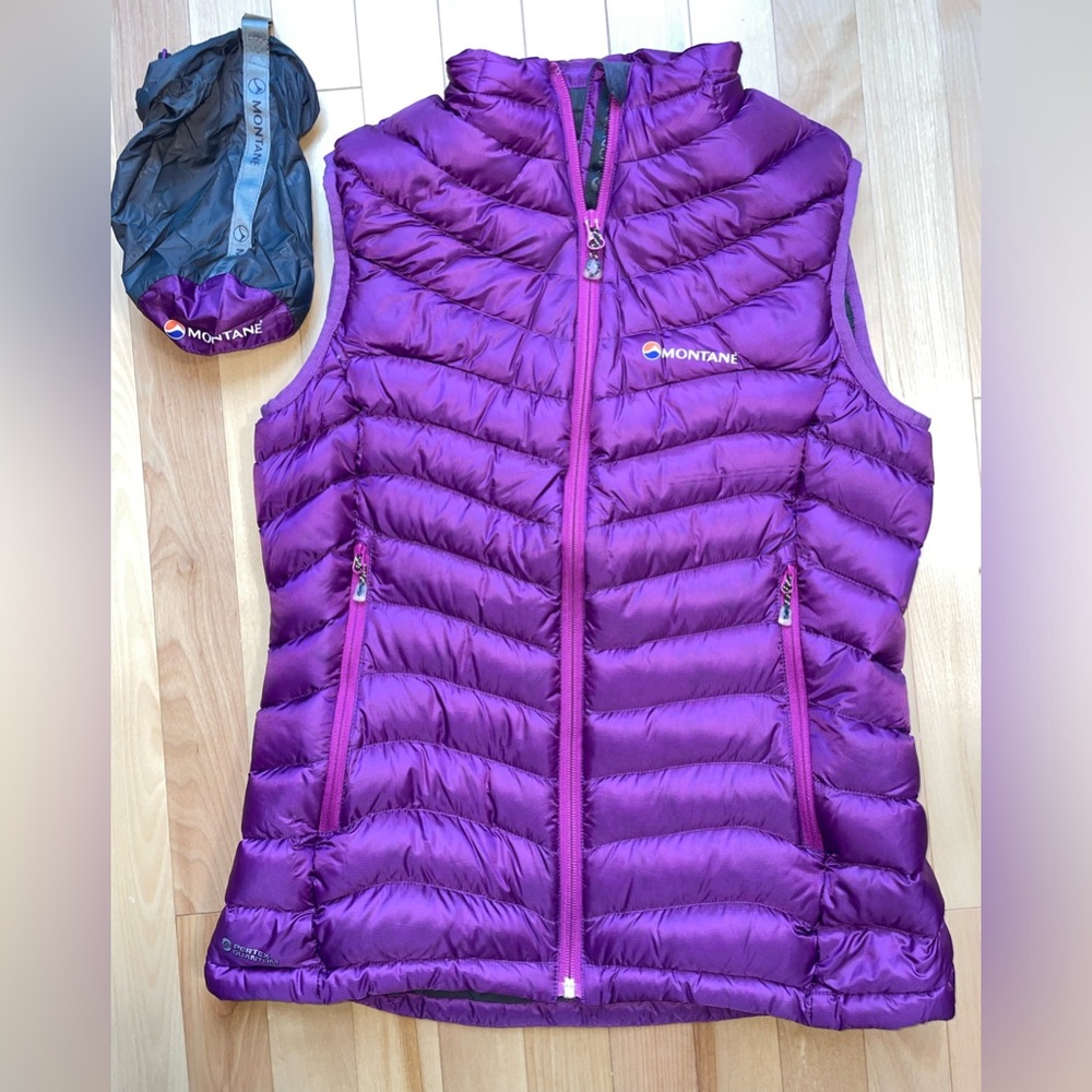 Women’s US10 Montane down fill vest in cheerful purple colour